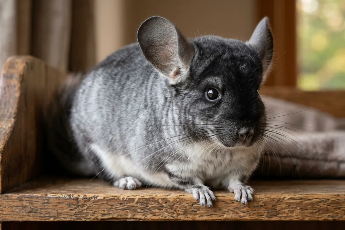 Close view of a black velvet chinchilla showing the dark paw bars that identify the velvet mutation