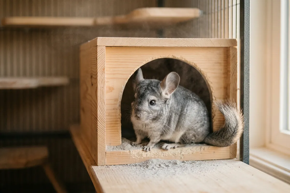 A chinchilla at the opening of an enclosed bath house holding a shallow layer of fine blue cloud dust