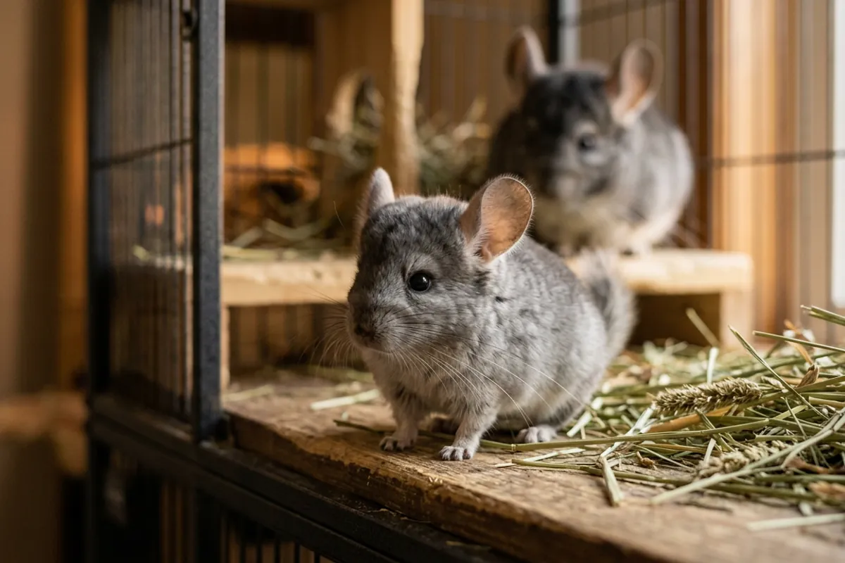 A newborn chinchilla kit standing on a wooden ledge, the fully furred result of chinchilla breeding
