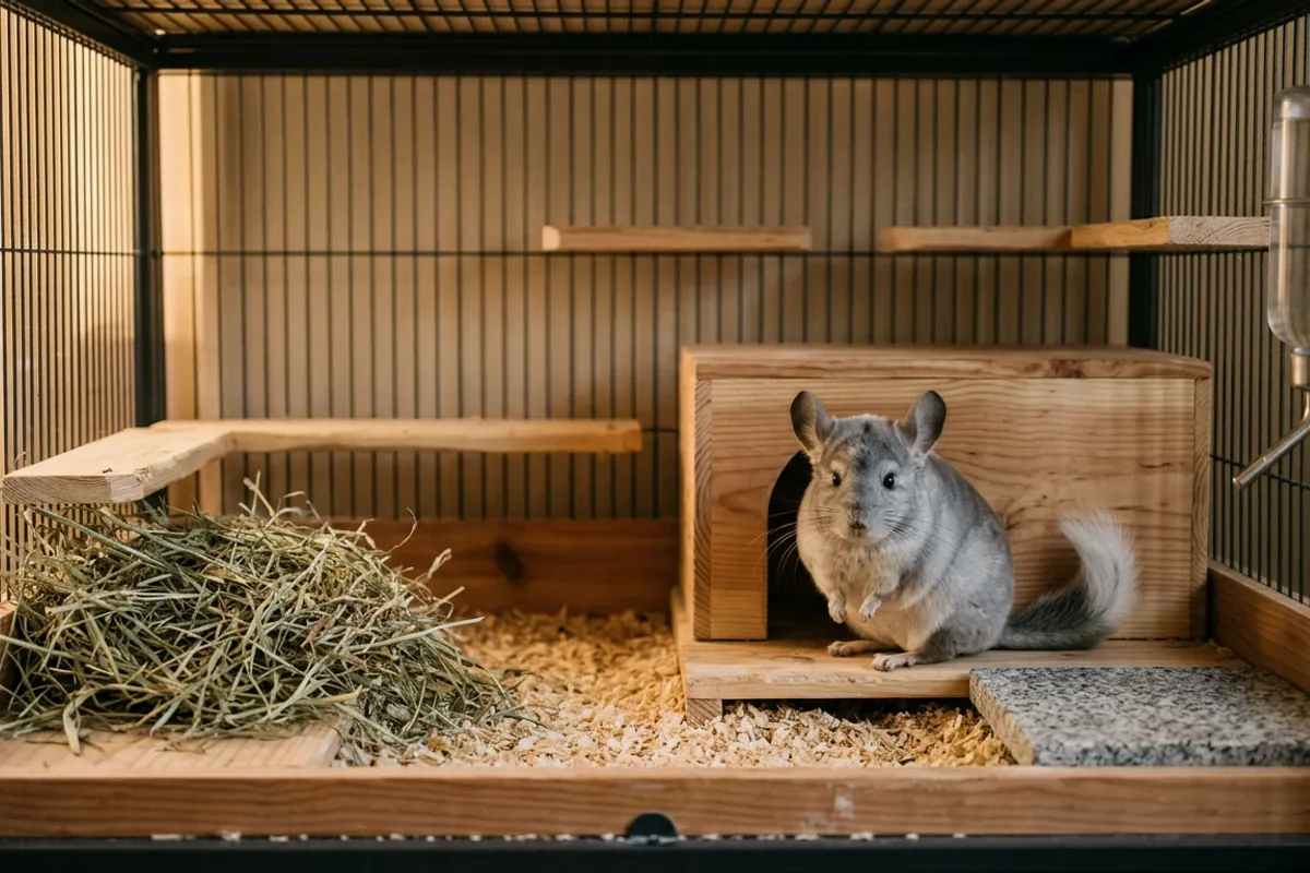 A low-ledge nursery cage setup safe for kits, the kind of housing breeding chinchilla owners need before the birth