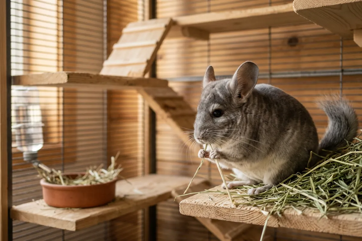 A pet chinchilla grinding on grass hay, the diet that has nothing to do with british chinchilla cats