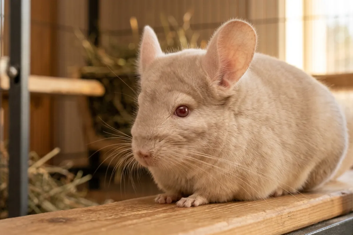 A pale light brown chinchilla showing the pink ears and reddish eyes of a homozygous beige coat