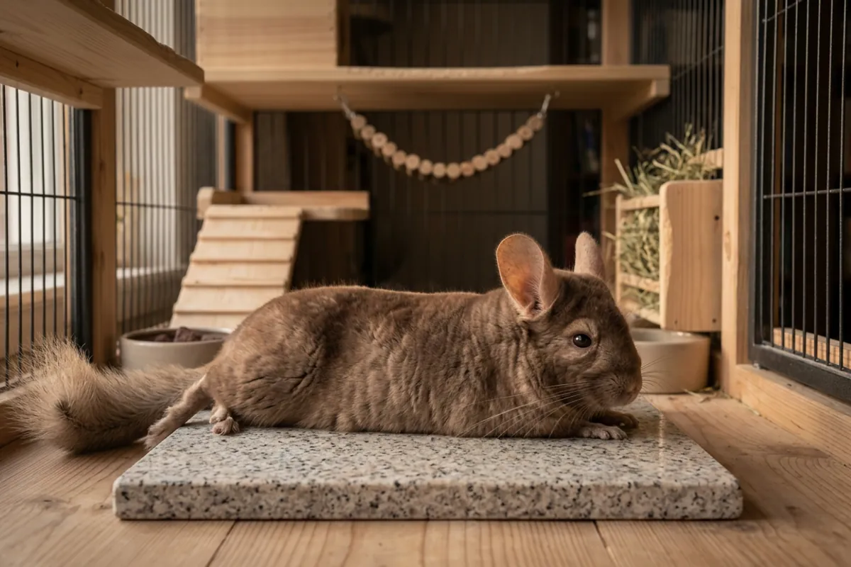 A brown chinchilla stretched out on a cooling stone to shed heat safely in warm weather