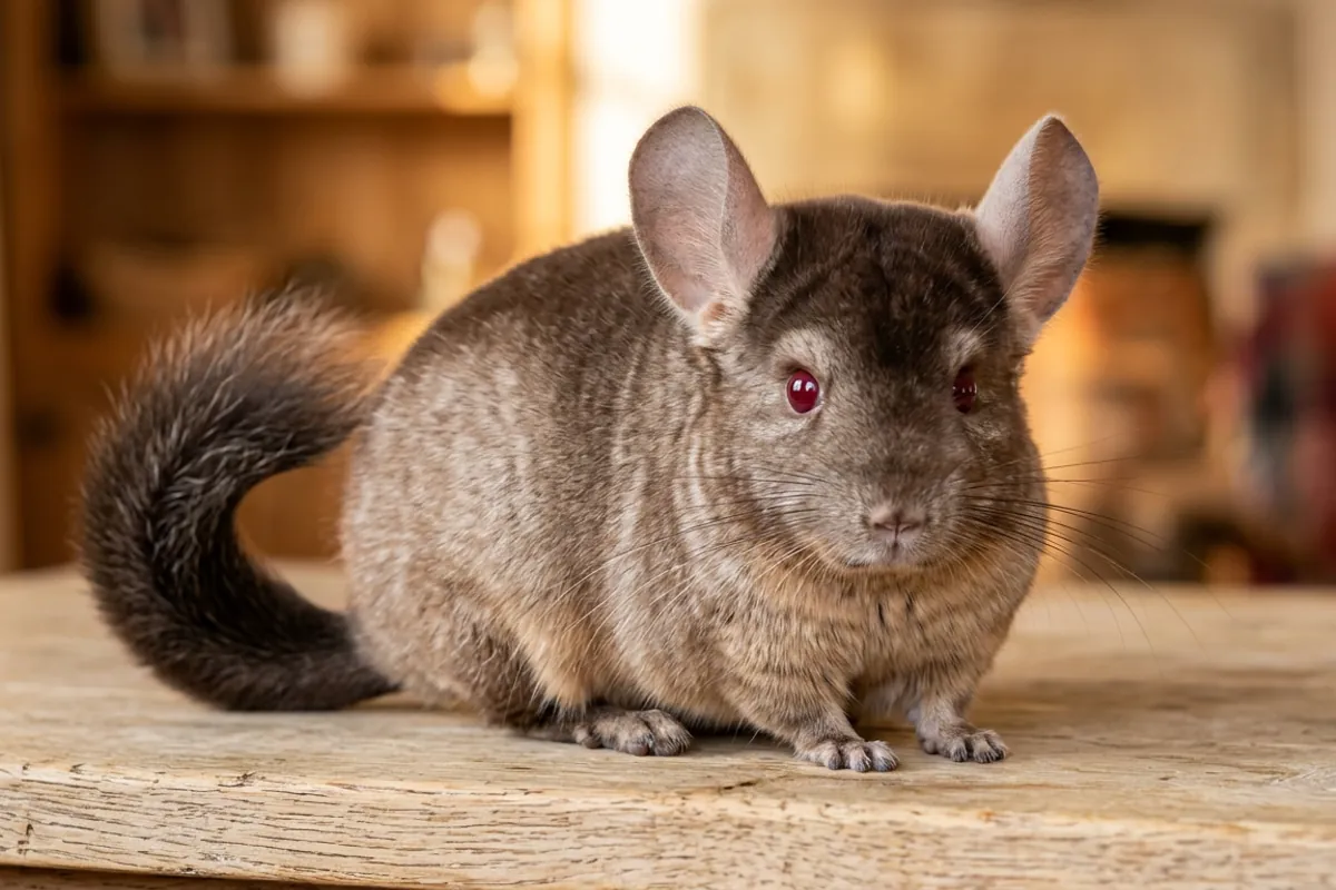 Close up of a chinchilla brown velvet showing the browner veiling over its head and the dark bars on its front legs