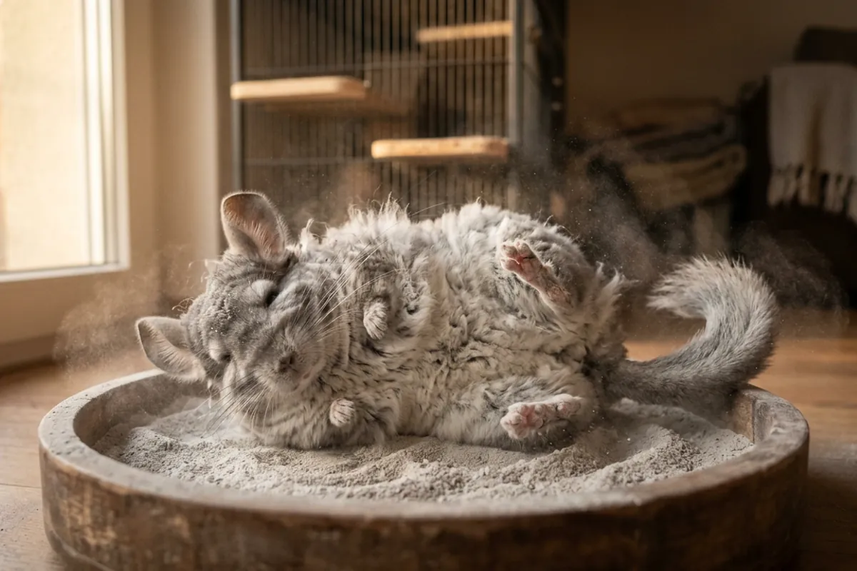A bunny chinchilla, actually the rodent, rolling happily in a dust bath of fine volcanic pumice for grooming