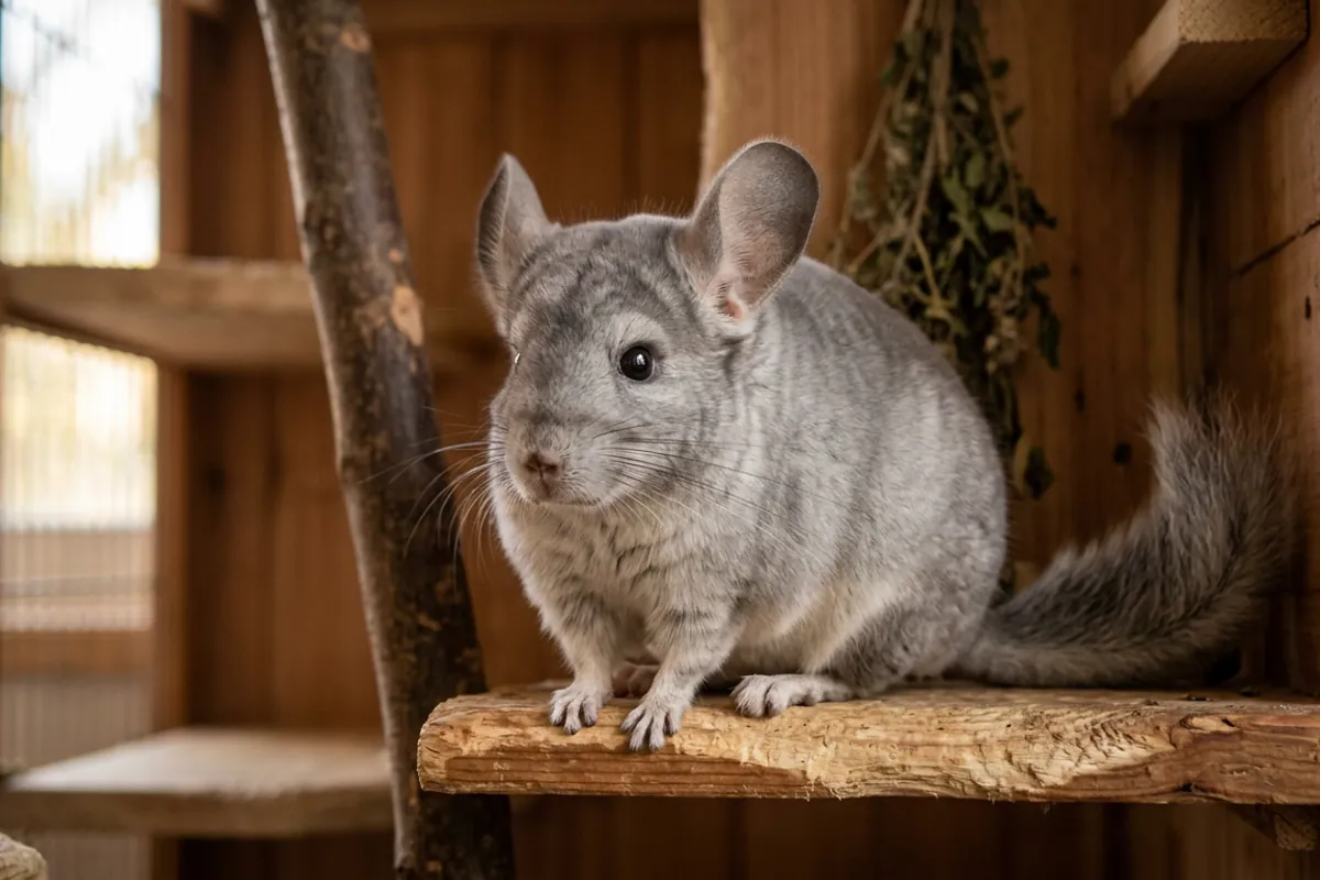Checking a chinchilla's clean eyes and dense coat before you buy a chinchilla, perched on a wooden chew ledge