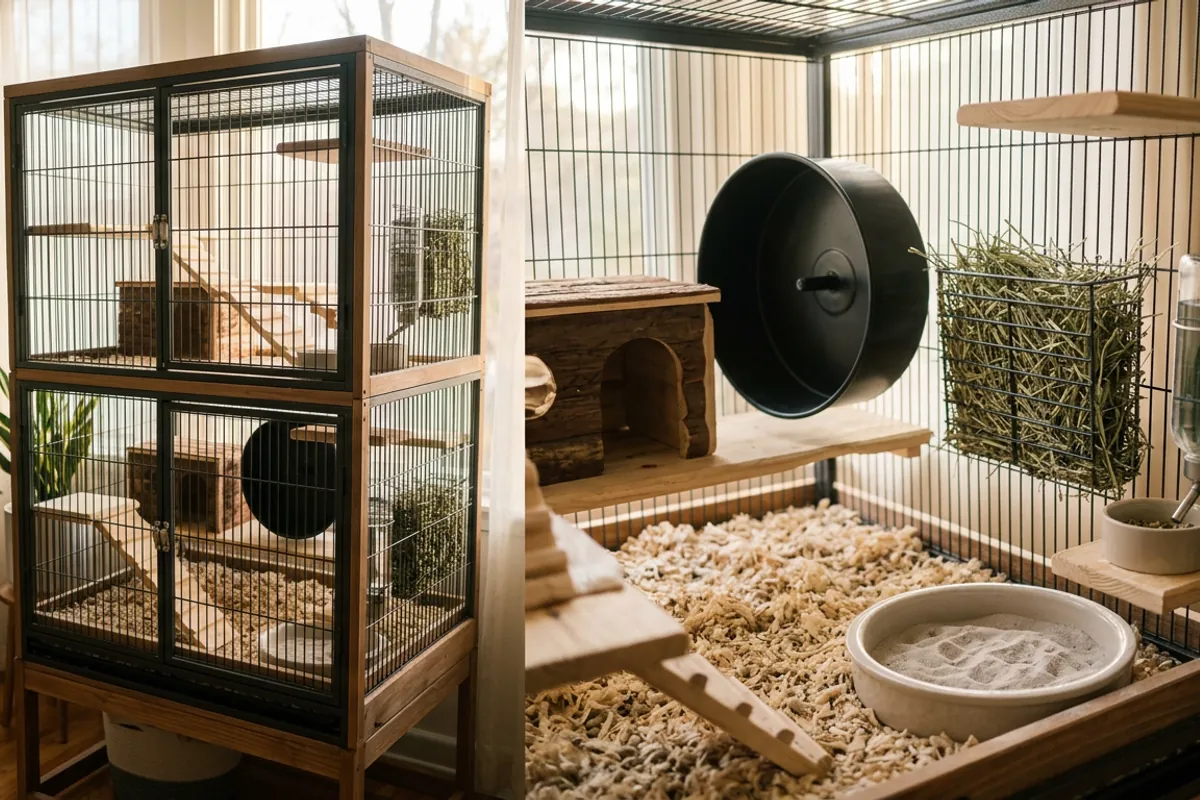 A tall metal and wood cage set up and ready before you buy a chinchilla, with wooden ledges, a solid wheel, hay and a dust bath