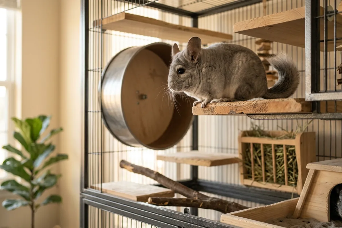 A chinchilla in a fully set up metal and wood cage, the home to have ready before you buy a pet chinchilla