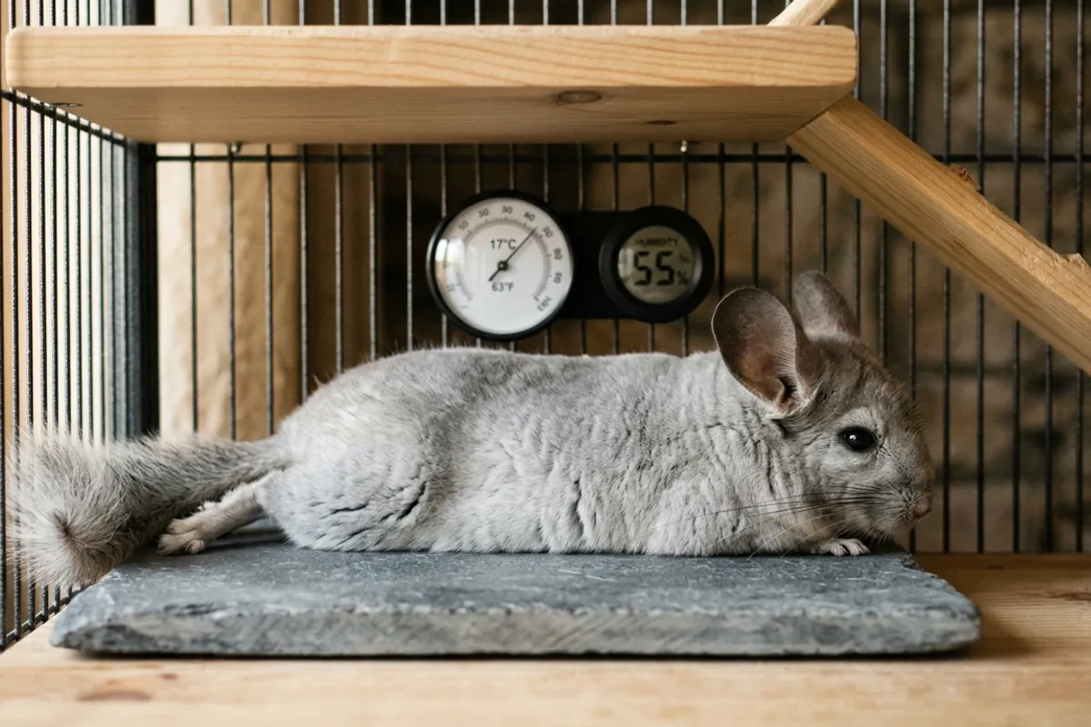 A pet chinchilla resting on a cooling stone near a cage thermometer, showing the heat care every new owner needs