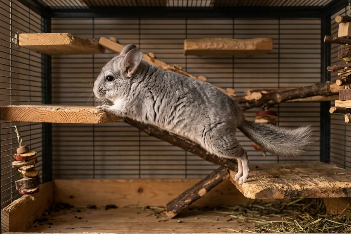A chinchilla jumping between wooden ledges, showing why height matters when you buy a chinchilla cage