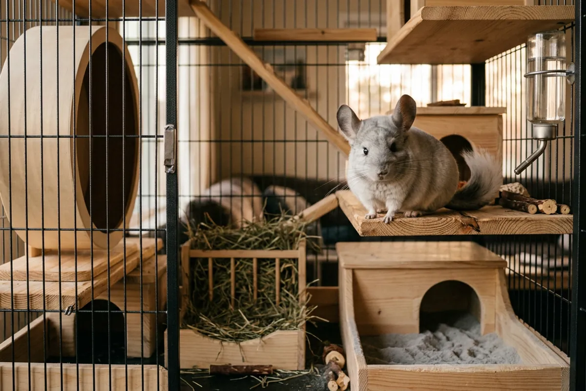 A metal and wood chinchilla cage fitted out with a solid wheel, hay feeder and dust bath, ready before you buy a chinchilla cage and bring one home