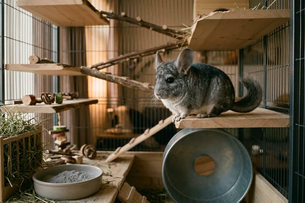 A tall metal cage fully set up with wheel, hay, and dust before buying a chinchilla and bringing it home.