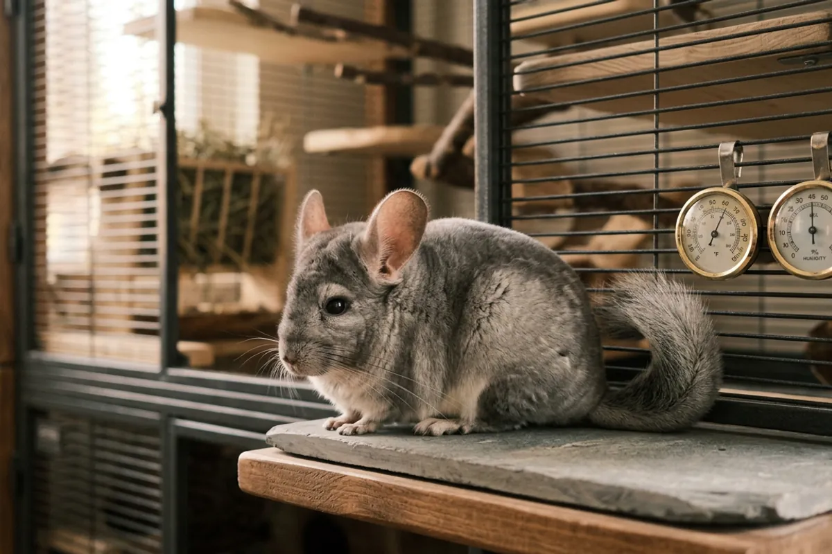 A chinchilla cooling on a stone beside a cage thermometer, the kind of heat setup to have ready before buying a chinchilla.