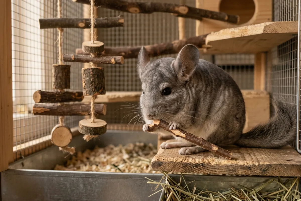 A chinchilla gnawing an apple wood chew, one of the essential cage accessories for chinchillas that keeps teeth worn down.