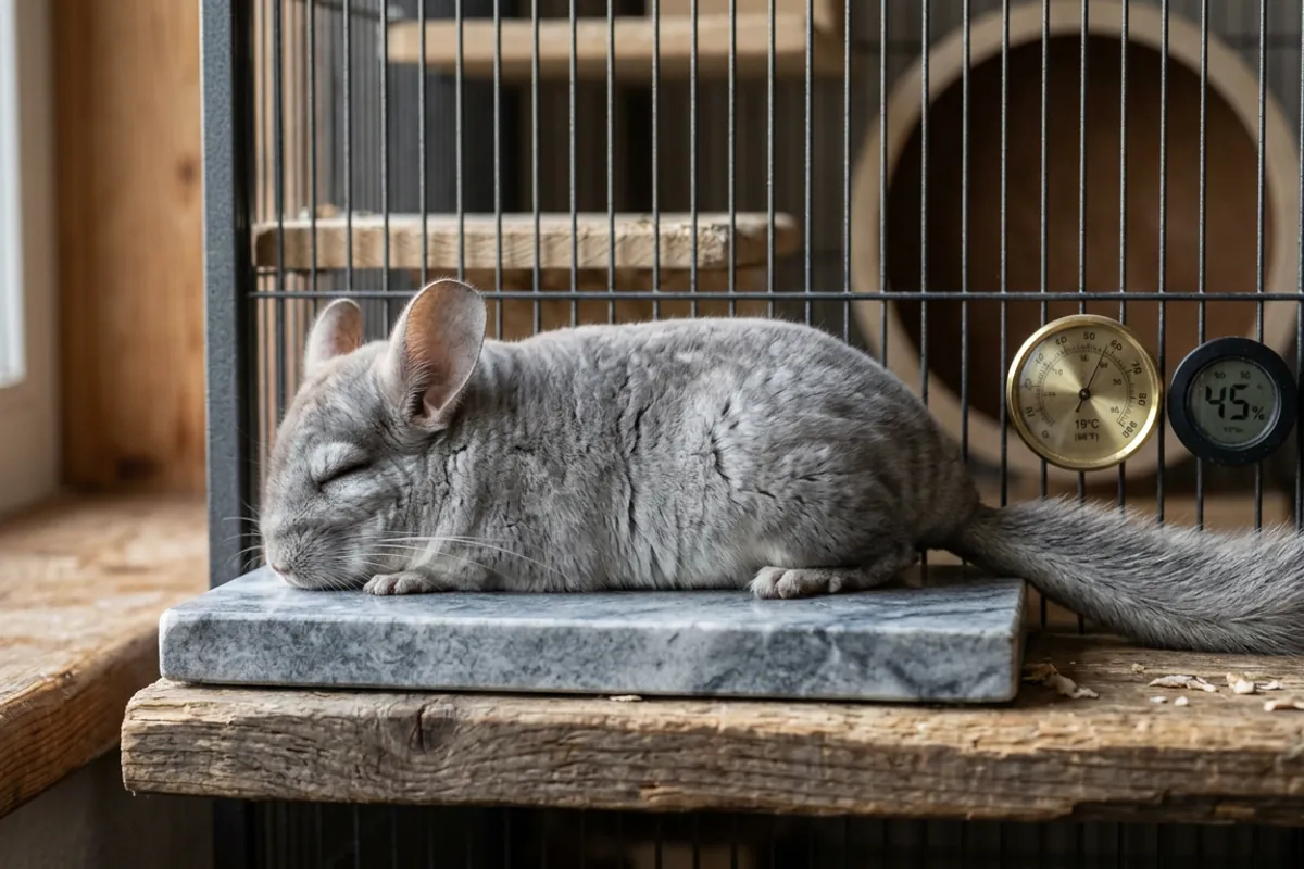 A chinchilla resting on a cooling stone near a cage thermometer, heat-focused cage accessories for chinchillas.