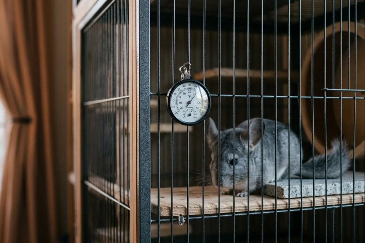 A thermometer and hygrometer on a chinchilla cage in a cool shaded room, the reason chinchillas do not go outside in warm weather.