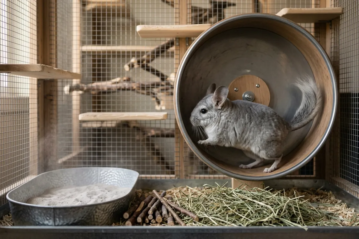 A chinchilla running on a solid surface wheel among wooden ledges, hay and pumice dust, the indoor setup that replaces letting chinchillas go outside.