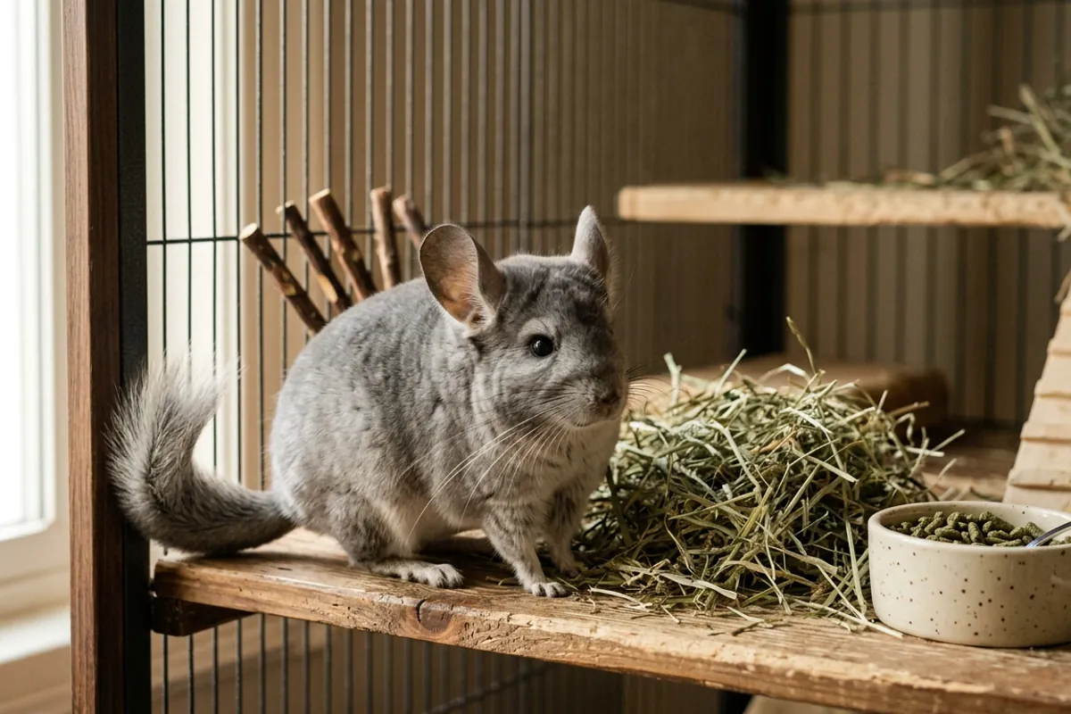 A chinchilla beside unlimited hay and a small measured bowl of plain pellets, the diet that lowers choking risk in an animal that cannot vomit