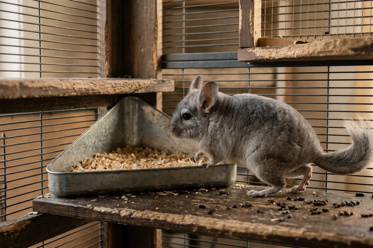 A chinchilla approaching the sheltered corner pan it already uses, the first step when you litter train a chinchilla