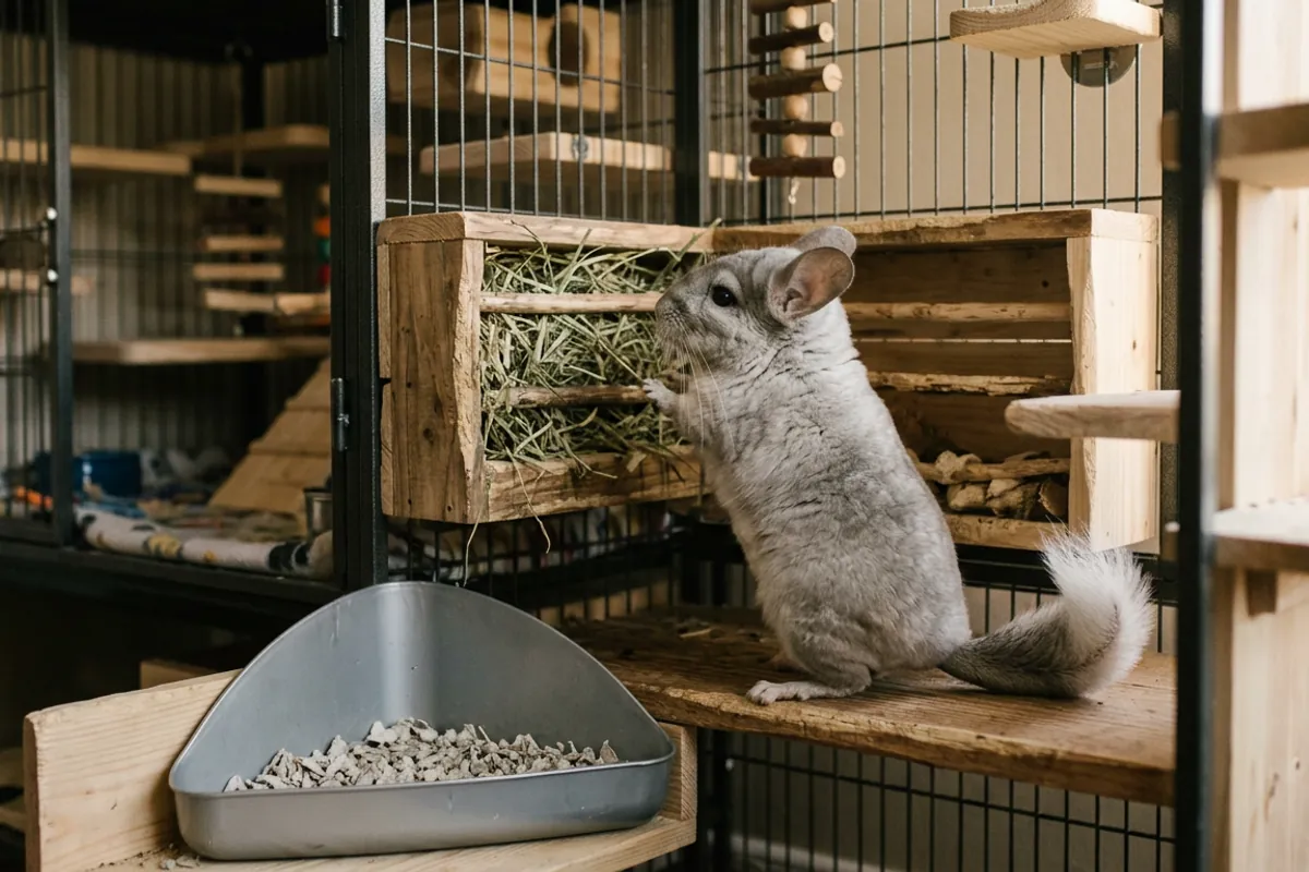 A chinchilla eating hay above its litter box, the placement trick that helps when you potty train a chinchilla