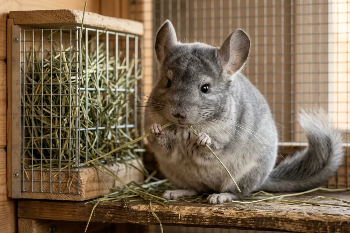 A chinchilla eating grass hay, the daily habit that helps make a chinchilla a good pet