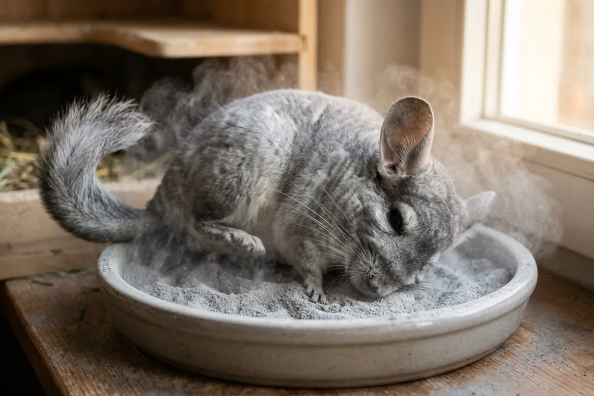 A chinchilla rolling in volcanic dust, part of the care that makes a chinchilla a good pet