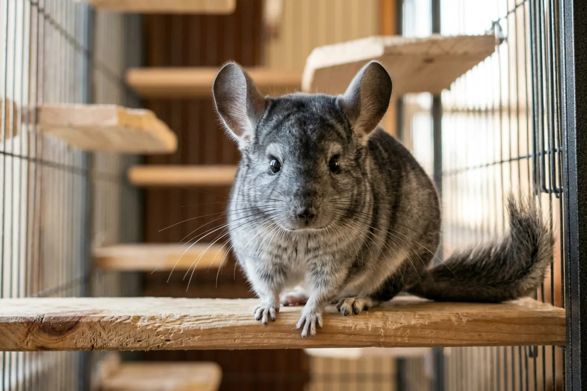 A healthy chinchilla at the cage bars, the kind of coat and clear eyes to check before a chinchilla adoption