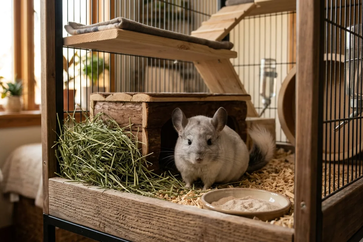 A rescued chinchilla exploring its freshly set up cage in the first days after a chinchilla adoption
