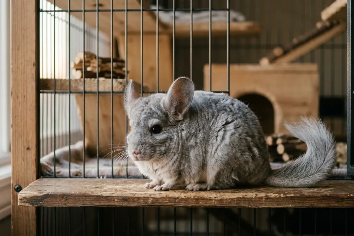 An aging chinchilla settled on a low ledge, where thoughtful setup matters more as a chinchilla's age increases