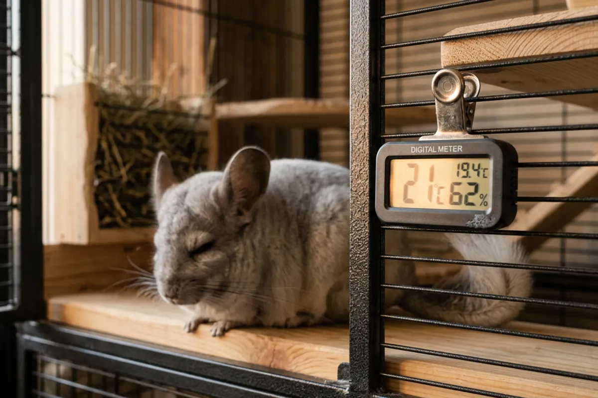 A thermometer and hygrometer on the cage bars checking that the chinchilla air conditioning is holding the right temperature