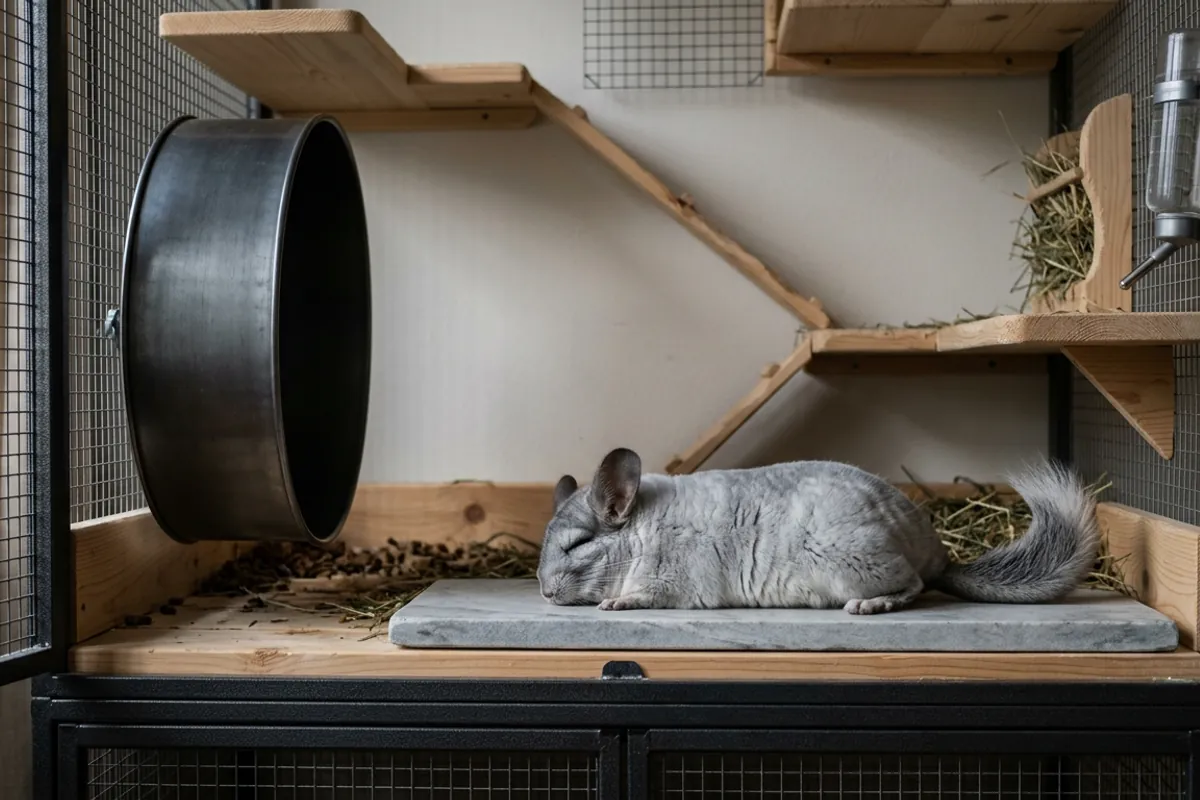 A chinchilla cage placed on an interior wall away from sunlight so the chinchilla aircon can hold the room temperature