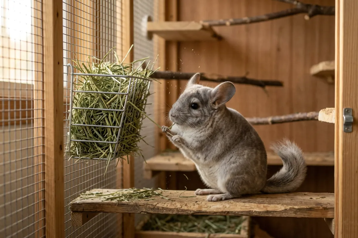 A chinchilla eating timothy hay, the grass pollen source often mistaken for chinchilla allergies.