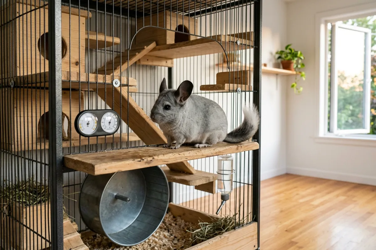 A ventilated room and a cage mounted thermometer, the setup I use to manage chinchilla allergies without risking heat.