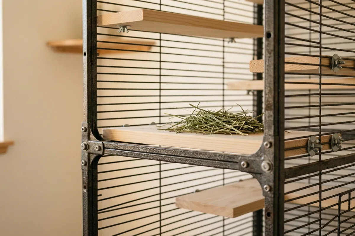 A used chinchilla cage for sale with fresh wooden ledges and intact metal bars ready for inspection.