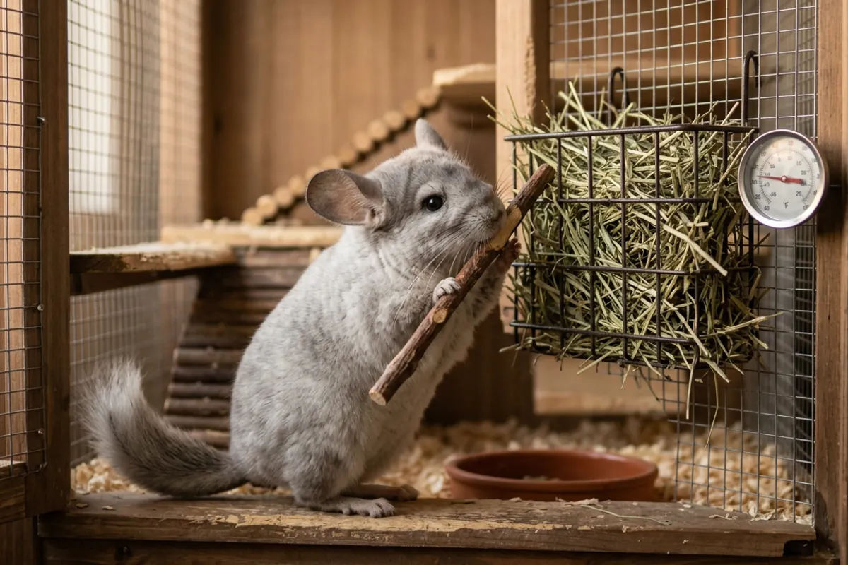 A chinchilla chewing wood beside hay and a thermometer inside a metal and wood chinchilla cage for sale setup.