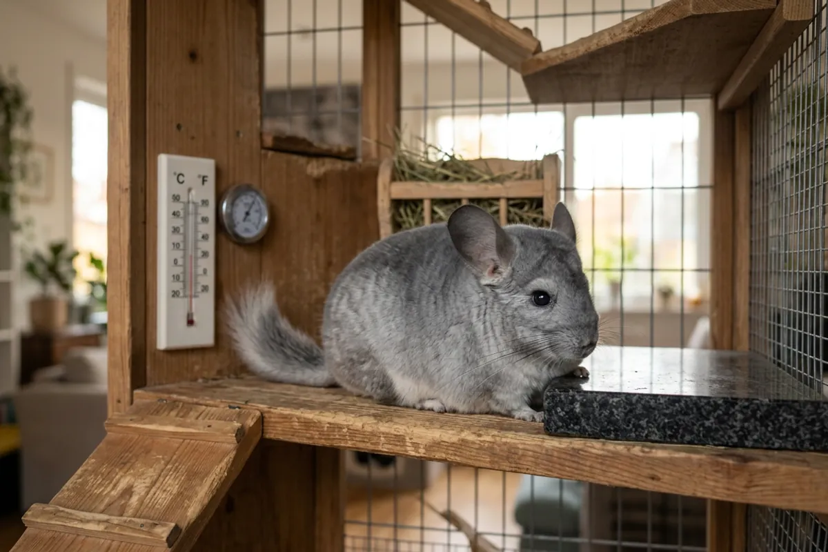 A chinchilla lying on a cooling stone in a temperature-managed room in a chinchilla and dog home