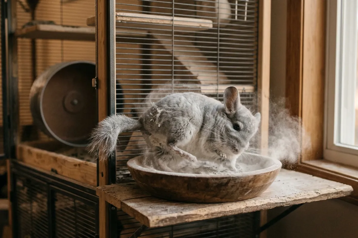 A chinchilla taking a dust bath, a key stress readout in a chinchilla and dog household