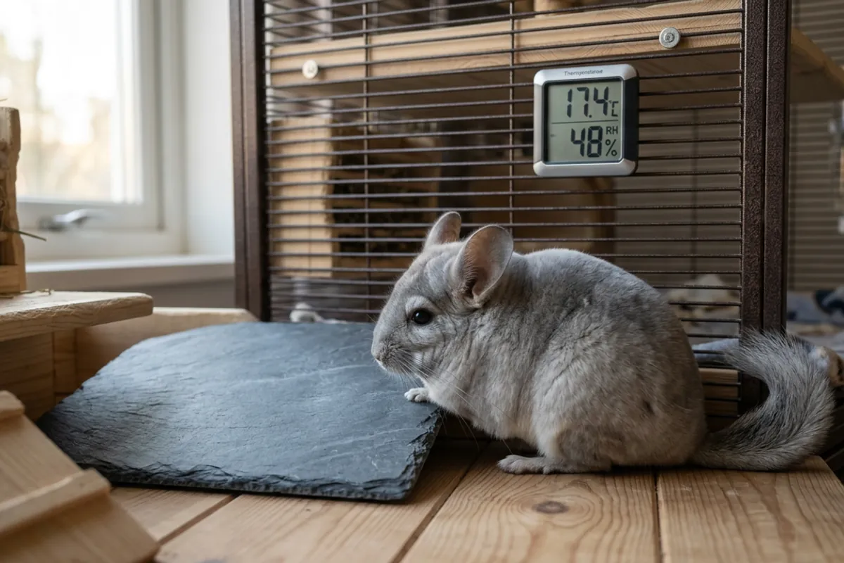 A chinchilla lying on a cooling stone in its cage, a detail that separates chinchilla and hamster temperature needs