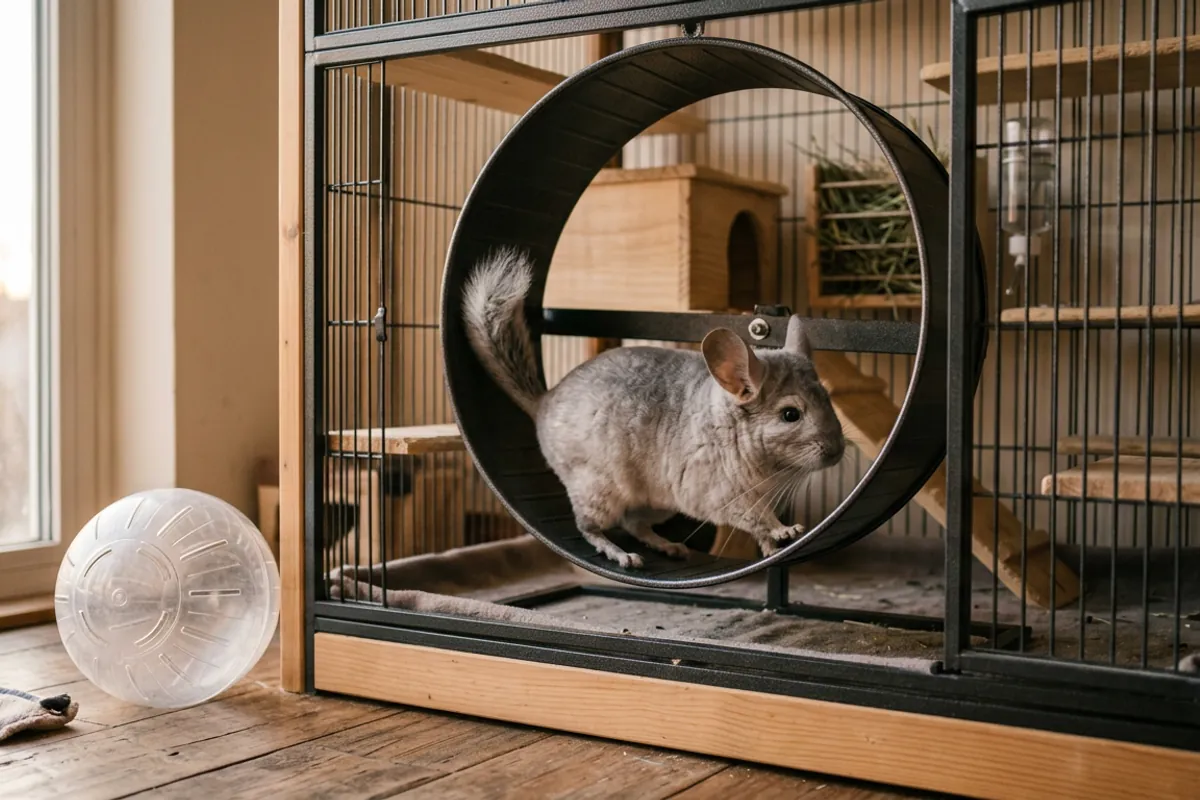 A chinchilla running on a solid-surface wheel while a chinchilla hamster ball sits unused nearby