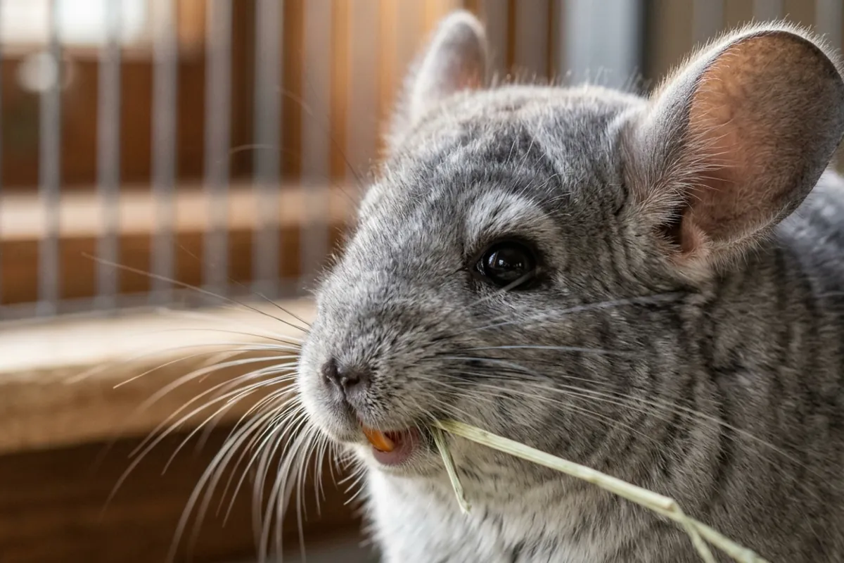 A close view of the orange incisors of a chinchilla chewing hay, the teeth a vet reduces during teeth filing under chinchilla anesthesia