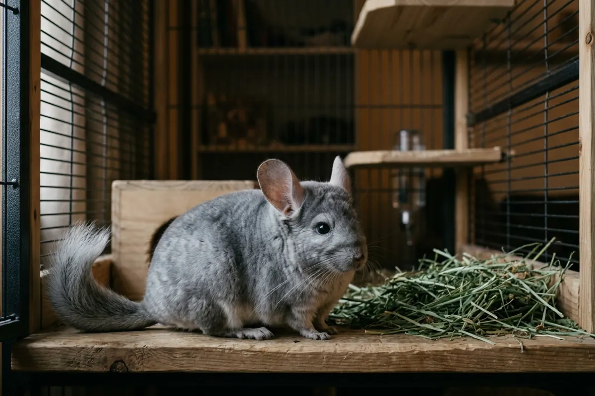 A chinchilla resting on a low wooden ledge in a quiet dim room, the way one recovers at home after chinchilla anesthesia