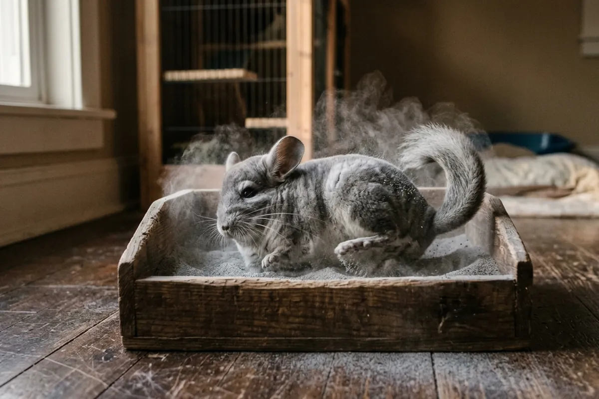 The chinchilla animal rolling in fine pumice dust, the only kind of bath it should ever take.