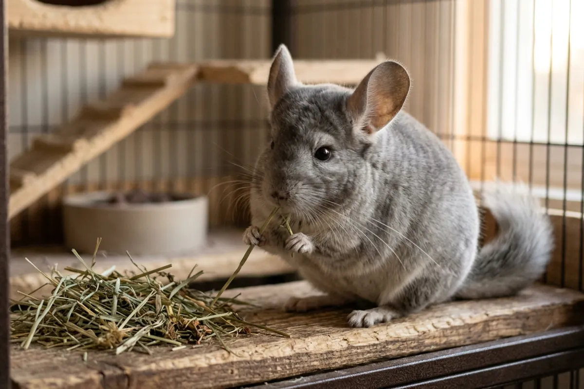 A chinchilla animal chewing timothy hay, the food that wears its ever-growing teeth down.
