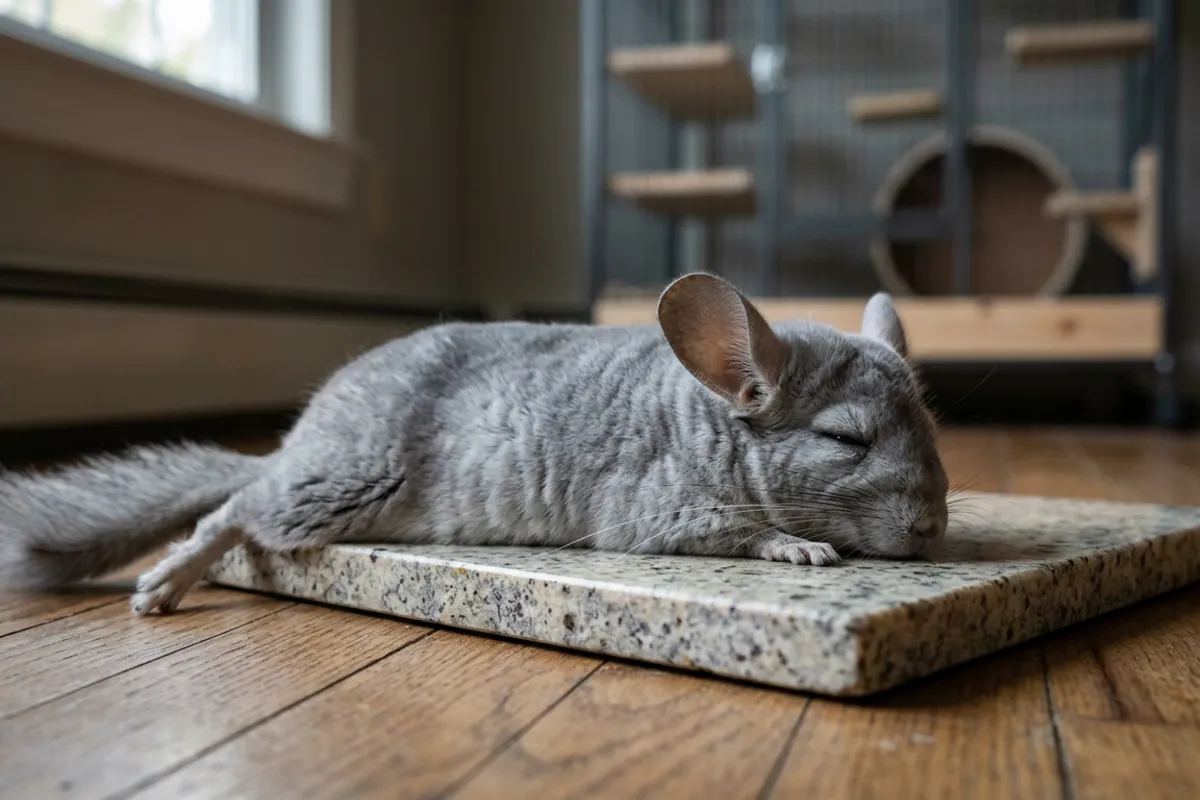A pet chinchilla stretched out on a cool stone slab, the everyday reality of keeping a chinchilla as pets in warm weather
