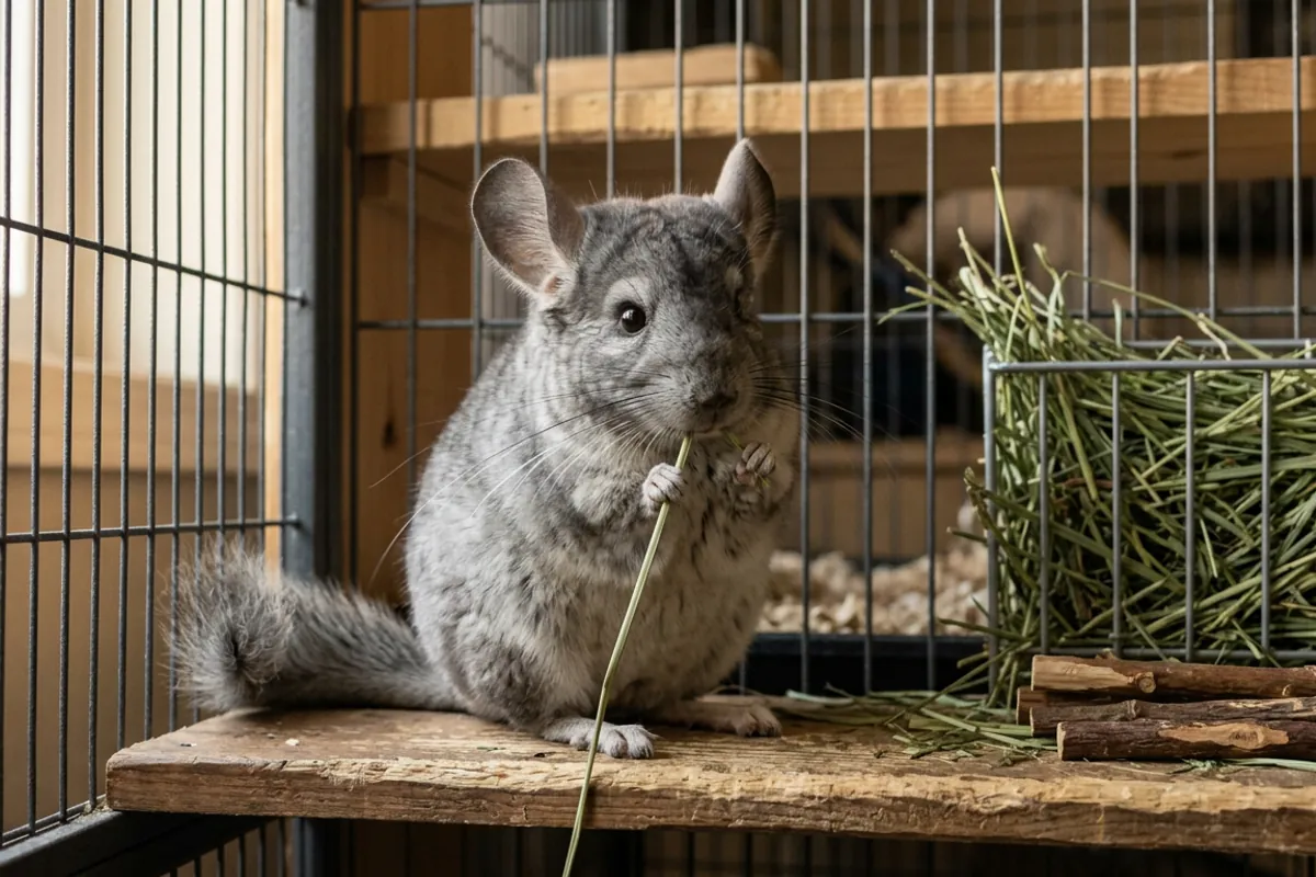 A chinchilla eating a strand of timothy hay beside apple wood chews, showing the hay first diet behind good chinchilla pet care