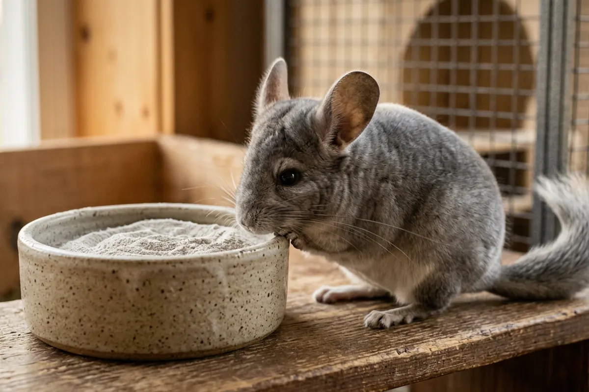 Fine grey volcanic dust in a bowl next to a chinchilla about to start its chinchilla bath
