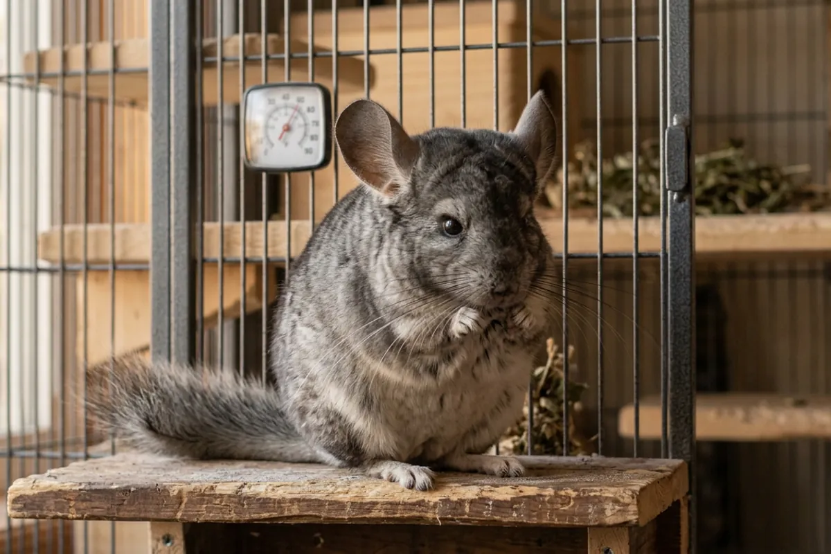 A fluffed, dry chinchilla grooming its face after a chinchilla bath in a cool cage