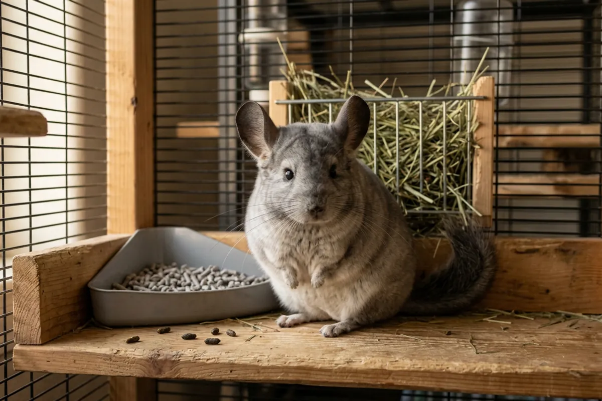 A chinchilla beside a litter pan in its cage, showing the toileting side of the chinchilla bathroom