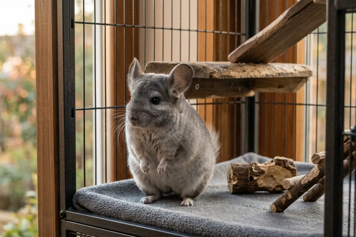 A chinchilla standing on fleece chinchilla bedding inside its metal and wood cage.