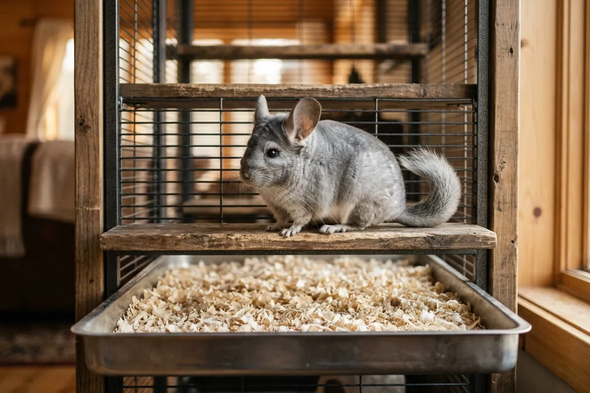 Aspen bedding for chinchillas filling the pull-out tray beneath a wooden ledge.